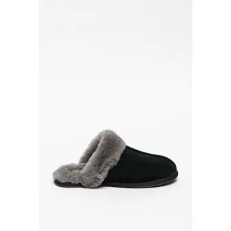 UGG, Papuci de casa de piele intoarsa cu garnituri de piele de oaie Scuffette II, Gri, Bleumarin, 5