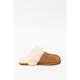 UGG, Papuci de casa de piele intoarsa cu garnituri de piele de oaie Scuffette II, Maro camel, 5