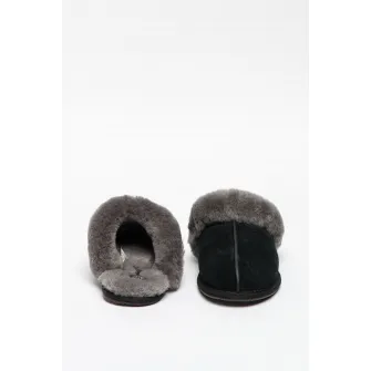 UGG, Papuci de casa de piele intoarsa cu garnituri de piele de oaie Scuffette II, Gri, Bleumarin, 5
