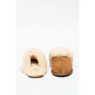UGG, Papuci de casa de piele intoarsa cu garnituri de piele de oaie Scuffette II, Maro camel, 5