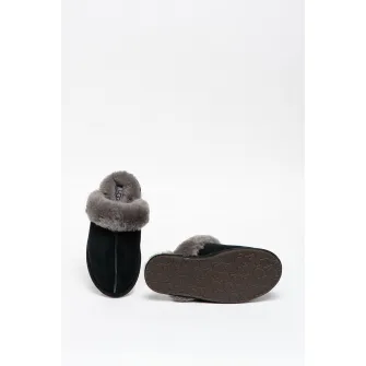 UGG, Papuci de casa de piele intoarsa cu garnituri de piele de oaie Scuffette II, Gri, Bleumarin, 5