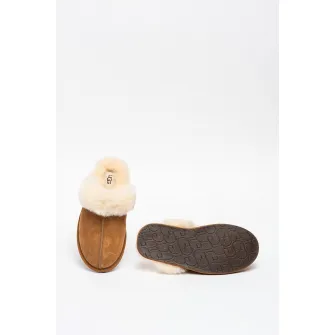 UGG, Papuci de casa de piele intoarsa cu garnituri de piele de oaie Scuffette II, Maro camel, 5