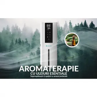 Umidificator AlecoAir U40 Tower White, WiFi, Lampa UV-C, Higrostat, Lumini ambientale, Vapori calzi, Aromaterapie