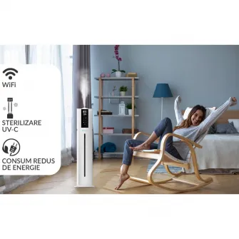 Umidificator AlecoAir U40 Tower White, WiFi, Lampa UV-C, Higrostat, Lumini ambientale, Vapori calzi, Aromaterapie