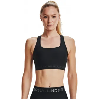 Under Armour, Bustiera cu sustinere medie si banda logo, pentru fitness, Negru, S