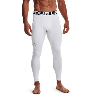 Under Armour, Colanti de compresie, cu banda cu logo in talie, pentru antrenament ColdGear®, Negru, Alb optic, L