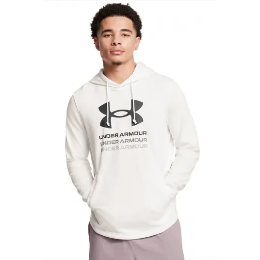 Under Armour, Hanorac cu imprimeu logo pentru fitness, Alb fildes, Negru, M