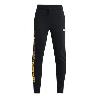 Under Armour, Pantaloni cu snur de ajustare si imprimeu text lateral pentru antrenament, Galben, Negru, 122-127 CM