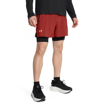 Under Armour, Pantaloni scurti cu aspect 2in1 si buzunare oblice, pentru alergare Launch, Rosu, Negru, S