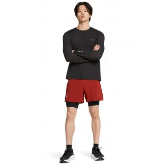Under Armour, Pantaloni scurti cu aspect 2in1 si buzunare oblice, pentru alergare Launch, Rosu, Negru, S