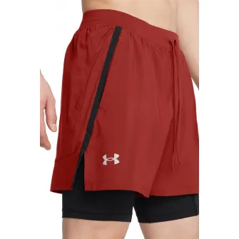 Under Armour, Pantaloni scurti cu aspect 2in1 si buzunare oblice, pentru alergare Launch, Rosu, Negru, S