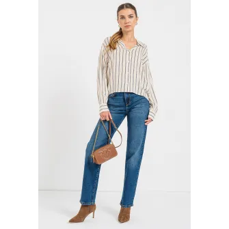 United Colors of Benetton, Camasa cu model in dungi si guler ascutit, Negru, Alb, Kaki, 2XS
