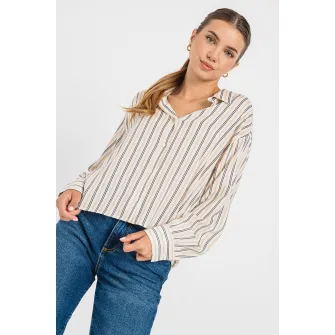 United Colors of Benetton, Camasa cu model in dungi si guler ascutit, Negru, Alb, Kaki, 2XS
