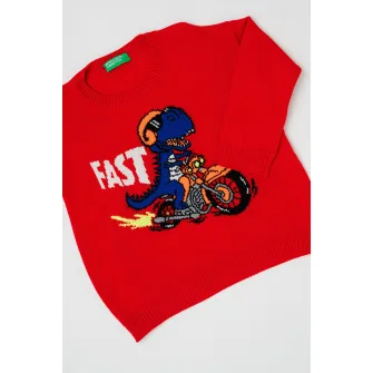 United Colors of Benetton, Pulover cu decolteu la baza gatului si model, Rosu, Bleumarin, 90 CM