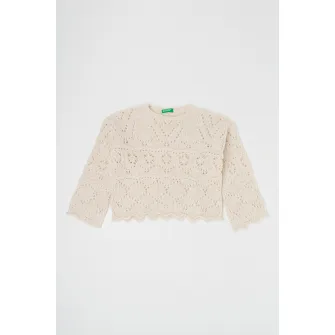 United Colors of Benetton, Pulover tricotat cu model cu perforatii, Alb, 140 CM