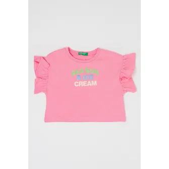 United Colors of Benetton, Tricou de bumbac cu maneci cu volane, Roz, 104 CM
