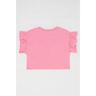 United Colors of Benetton, Tricou de bumbac cu maneci cu volane, Roz, 104 CM