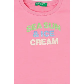 United Colors of Benetton, Tricou de bumbac cu maneci cu volane, Roz, 104 CM