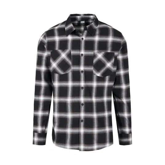 Urban Classics, Camasa cu model in carouri si buzunare aplicate, Alb, Negru, XS