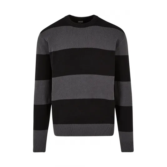 Urban Classics, Pulover cu decolteu la baza gatului si model in dungi, Negru, Gri antracit, M