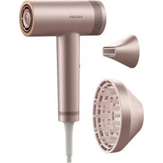 Uscator de par Philips Seria 8000 BHD837/10, tehnologie ThermoShield Advanced, ingrijire cu ioni, 3 setari de viteza, 7 setari de temperatura, difuzor magnetic + cap de coafare magnetic, Roz pudrat