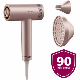 Uscator de par Philips Seria 8000 BHD837/10, tehnologie ThermoShield Advanced, ingrijire cu ioni, 3 setari de viteza, 7 setari de temperatura, difuzor magnetic + cap de coafare magnetic, Roz pudrat