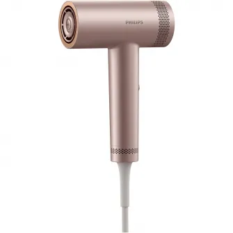 Uscator de par Philips Seria 8000 BHD837/10, tehnologie ThermoShield Advanced, ingrijire cu ioni, 3 setari de viteza, 7 setari de temperatura, difuzor magnetic + cap de coafare magnetic, Roz pudrat