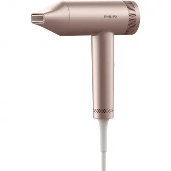 Uscator de par Philips Seria 8000 BHD837/10, tehnologie ThermoShield Advanced, ingrijire cu ioni, 3 setari de viteza, 7 setari de temperatura, difuzor magnetic + cap de coafare magnetic, Roz pudrat