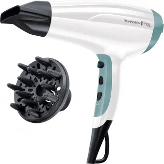 Uscator de par Remington Shine Therapy D5216, 2300W, Ionizare, 3 trepte de temperatura, 2 viteze, CoolShot, concentrator, difuzor, Alb/Albastru