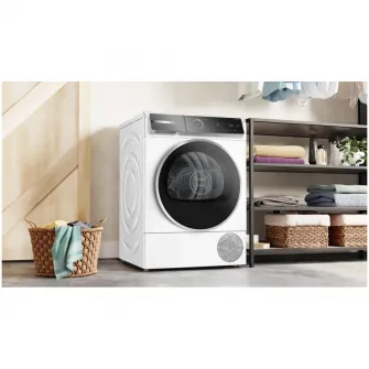 Uscator de rufe Bosch Seria 8 WQB246CNBY, Pompa de caldura, 9 Kg, 14 programe, AutoDry, Iron Assist, Condensator cu autocuratare, Touch control, EcoSilence Drive, SmartDry, Home Connect, Iluminare interioara, Clasa B, Alb