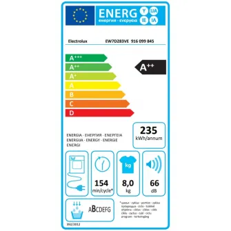 Uscator de rufe Electrolux EW7D283VE, Pompa de caldura, 8 kg, Clasa A++, Sistem uscare DelicateCare + Sensicare, Motor Inverter, Iluminare interioara tambur, Usa reversibila, Alb