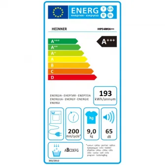 Uscator de rufe Heinner HHPD-M9K3A+++, Pompa de caldura, 9 kg, Inverter, 14 programe, Clasa A+++, Control touch, Functie Anti-Sifonare, Program Sterilizare, Iluminare cuva, Alb