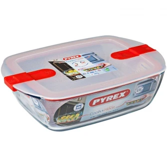 Vas rectangular Pyrex, cu capac, sticla termorezistenta, 23 x 15 x 6 cm, 1.1 L