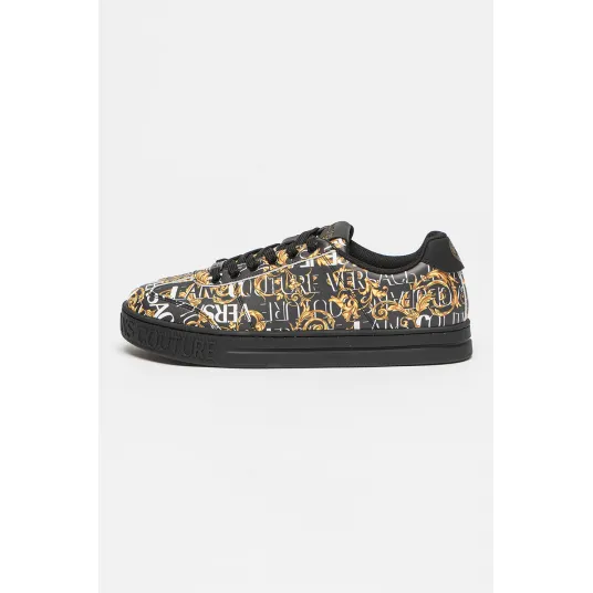 Versace Jeans Couture, Pantofi de piele si piele ecologica cu model logo, Negru, Alb, Galben, 42