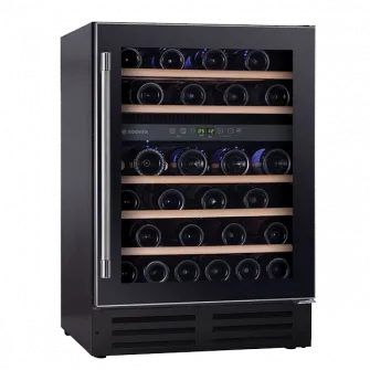 Vitrina de vinuri incorporabila Hoover HWCB 60, 145 l, Capacitate 46 sticle, Clasa G, 2 zone de racire, Iluminare LED, 60 cm, Nergu