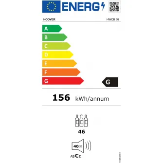 Vitrina de vinuri incorporabila Hoover HWCB 60, 145 l, Capacitate 46 sticle, Clasa G, 2 zone de racire, Iluminare LED, 60 cm, Nergu