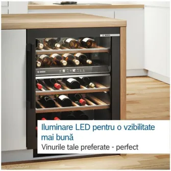 Vitrina vinuri incorporabila Bosch KUW20VHF0, 58 l, 21 sticle, Clasa F, Racire interioara dinamica cu ventilator, H 82 cm, Sticla