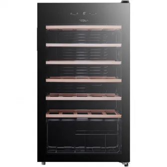 Vitrina vinuri Tesla RW092M, 93 l, 34 sticle, Control electronic, Rafturi lemn, H 84.5 cm, Negru