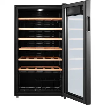 Vitrina vinuri Tesla RW092M, 93 l, 34 sticle, Control electronic, Rafturi lemn, H 84.5 cm, Negru