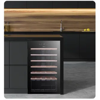 Vitrina vinuri Tesla RW092M, 93 l, 34 sticle, Control electronic, Rafturi lemn, H 84.5 cm, Negru