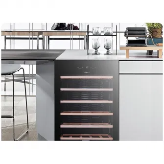 Vitrina vinuri Tesla RW092M, 93 l, 34 sticle, Control electronic, Rafturi lemn, H 84.5 cm, Negru