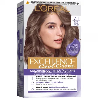 Vopsea de par permanenta cu amoniac LOreal Paris Excellence Cool Creme 7.11 Ultra Ash Blonde, 192 ml