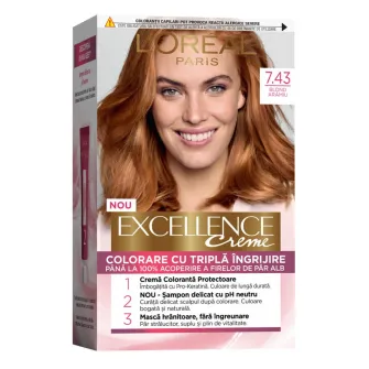 Vopsea de par permanenta cu amoniac LOréal Paris Excellence Creme 7.43 Blond Aramiu, 192 ml
