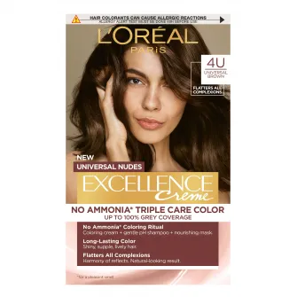 Vopsea de par permanenta fara amoniac LOreal Paris Excellence Universal Nudes, 4U Universal Brown, 192 ml