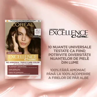 Vopsea de par permanenta fara amoniac LOreal Paris Excellence Universal Nudes, 4U Universal Brown, 192 ml