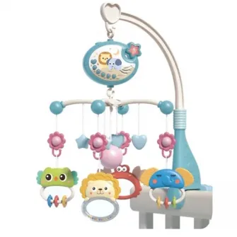 Carusel muzical AliBibi cu proiectii luminoase, 400 melodii, rotatie 360 grade, accesorii incluse, telecomanda, culoare bleu