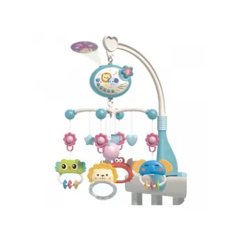 Carusel muzical AliBibi cu proiectii luminoase, 400 melodii, rotatie 360 grade, accesorii incluse, telecomanda, culoare bleu