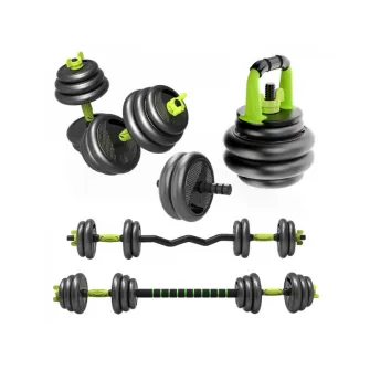 Set gantere reglabile kettlebell FitTronic 5 in 1 de 30 kg ZK30, cu bara curbata Z, bara dreapta, roata de abdomen si o multitudine de combinatii posibile