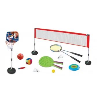 Set sport multifunctional 5 in 1 Alibibi, ce contine cos minge baschet, rachete badminton, fileu