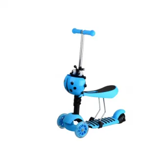 Trotineta pentru copii AliBibi 2 in 1 cu scaunel, cosulet buburuza si roti luminoase, albastra